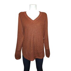 RD Style Rust V-Neck Knit Curved Flattering Hemline Sweater Women Size Large